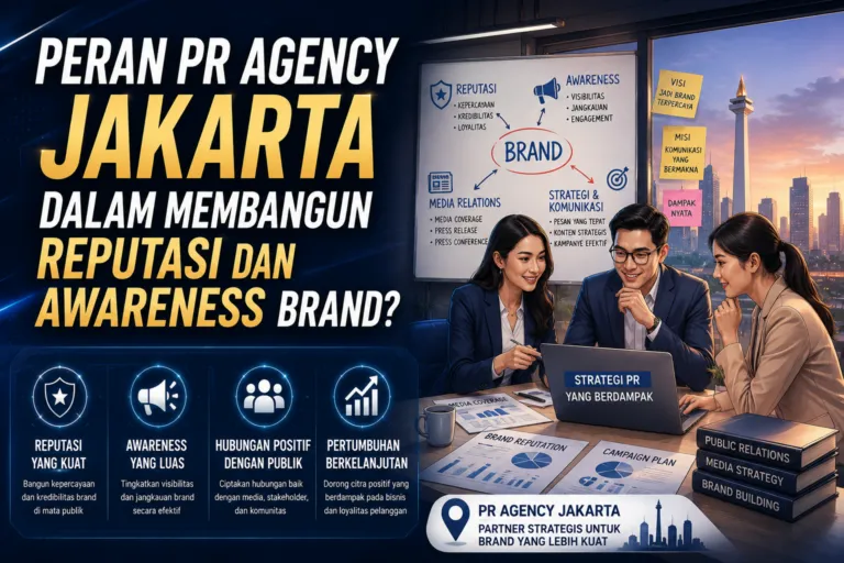Ilustrasi thumbnail artikel tentang peran PR Agency Jakarta dalam membangun reputasi dan meningkatkan brand awareness melalui strategi komunikasi, media relations, dan publikasi.